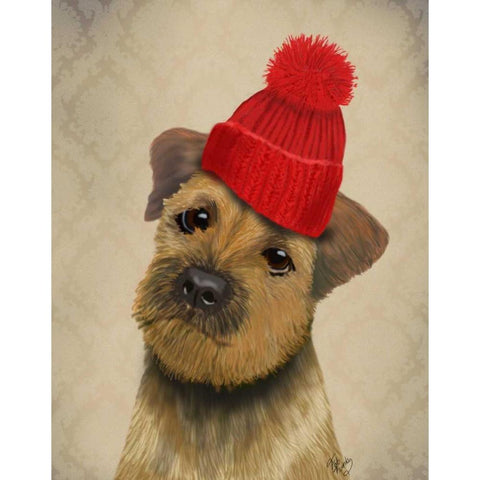 Border Terrier with Red Bobble Hat White Modern Wood Framed Art Print by Fab Funky