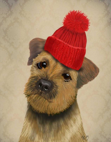 Border Terrier with Red Bobble Hat Black Ornate Wood Framed Art Print with Double Matting by Fab Funky