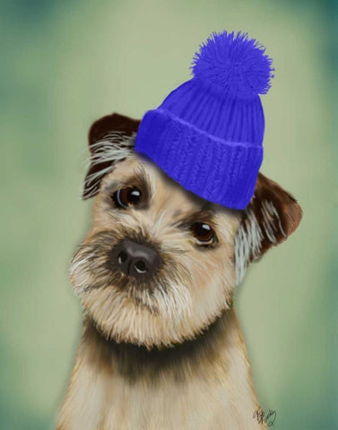 Border Terrier with Blue Bobble Hat White Modern Wood Framed Art Print with Double Matting by Fab Funky