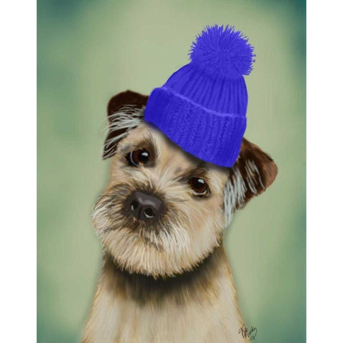 Border Terrier with Blue Bobble Hat Gold Ornate Wood Framed Art Print with Double Matting by Fab Funky