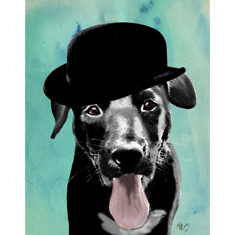 Black Labrador in Bowler Hat White Modern Wood Framed Art Print by Fab Funky