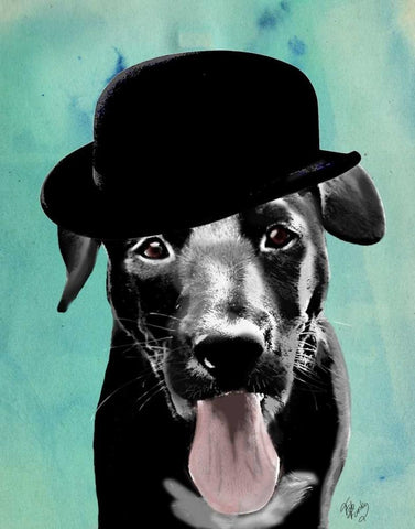 Black Labrador in Bowler Hat White Modern Wood Framed Art Print with Double Matting by Fab Funky