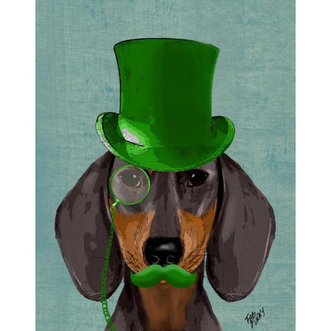 Dachshund with Green Top Hat Black Tan Gold Ornate Wood Framed Art Print with Double Matting by Fab Funky