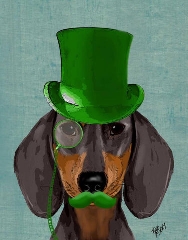 Dachshund with Green Top Hat Black Tan Black Ornate Wood Framed Art Print with Double Matting by Fab Funky