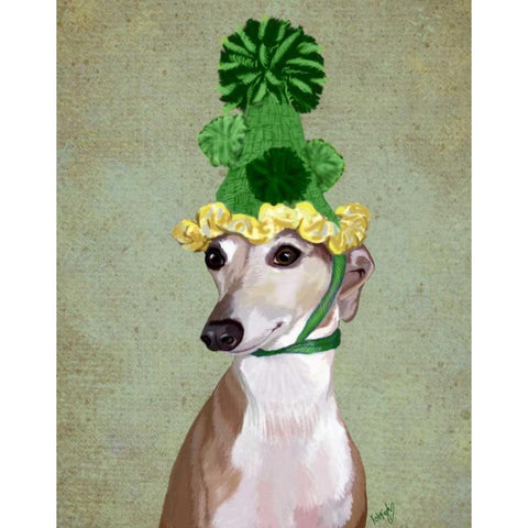 Greyhound in Green Knitted Hat White Modern Wood Framed Art Print by Fab Funky