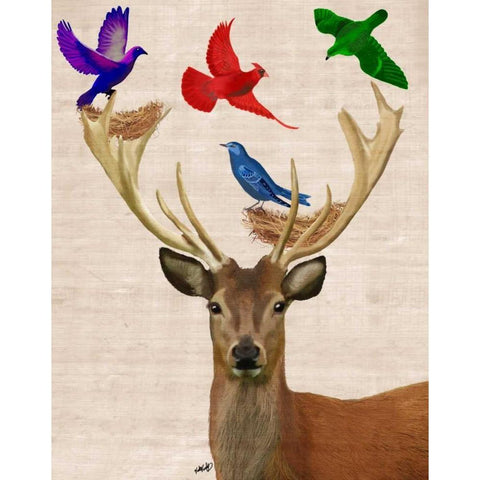 Deer and Birds Nests White Modern Wood Framed Art Print by Fab Funky