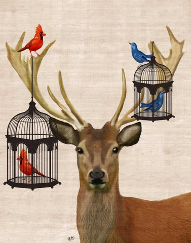 Deer And Bird Cages Black Ornate Wood Framed Art Print with Double Matting by Fab Funky