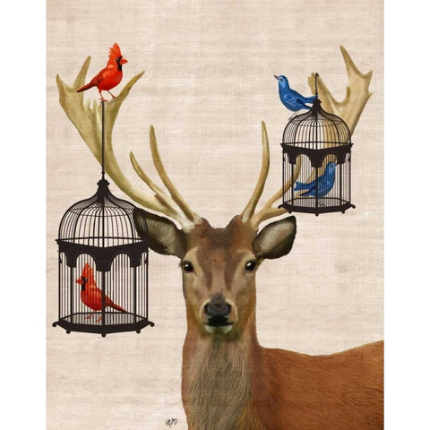 Deer And Bird Cages Black Modern Wood Framed Art Print with Double Matting by Fab Funky