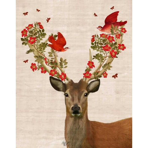 Deer and Love Birds White Modern Wood Framed Art Print by Fab Funky