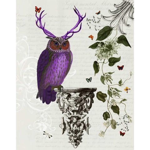 Purple Owl With Antlers Black Modern Wood Framed Art Print with Double Matting by Fab Funky