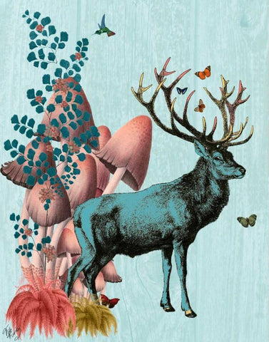 Turquoise Deer in Mushroom Forest Black Ornate Wood Framed Art Print with Double Matting by Fab Funky