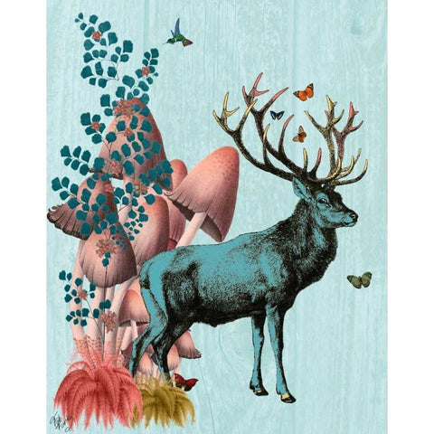 Turquoise Deer in Mushroom Forest Gold Ornate Wood Framed Art Print with Double Matting by Fab Funky