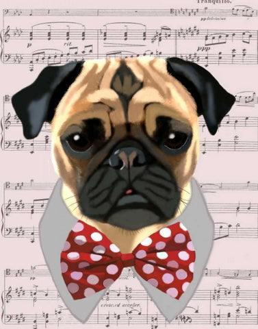 Pug with Red and White Spotty Bow Tie Black Ornate Wood Framed Art Print with Double Matting by Fab Funky