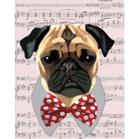 Pug with Red and White Spotty Bow Tie Gold Ornate Wood Framed Art Print with Double Matting by Fab Funky