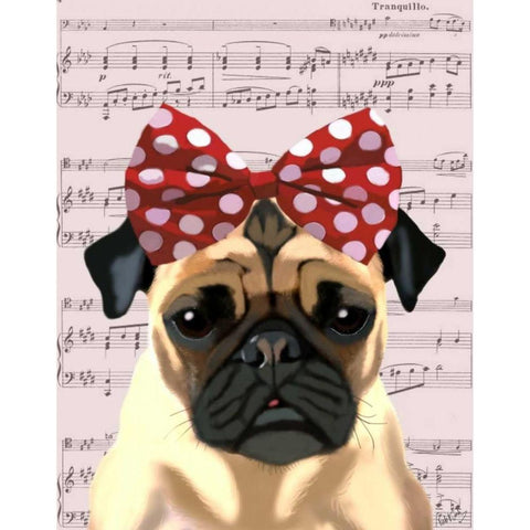 Pug with Red Spotty Bow On Head Black Modern Wood Framed Art Print with Double Matting by Fab Funky