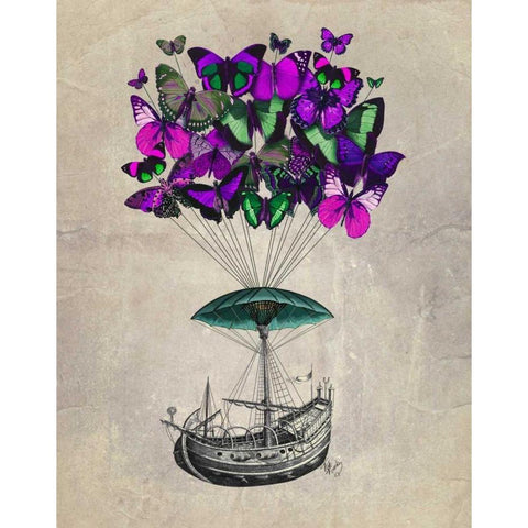 Butterfly Airship 2 Purple and Green Gold Ornate Wood Framed Art Print with Double Matting by Fab Funky