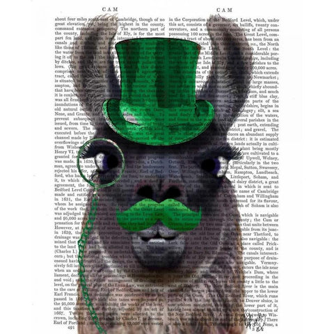 Llama With Green Top Hat and Moustache Gold Ornate Wood Framed Art Print with Double Matting by Fab Funky