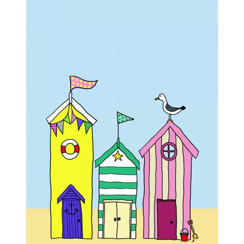 Beach Huts 1 Black Modern Wood Framed Art Print with Double Matting by Fab Funky