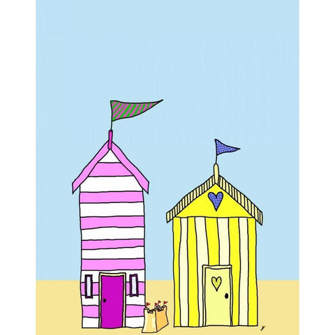 Beach Huts 3 Gold Ornate Wood Framed Art Print with Double Matting by Fab Funky