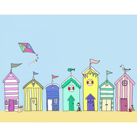 Beach Huts In a Row Black Modern Wood Framed Art Print with Double Matting by Fab Funky