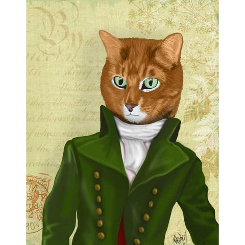 Ginger Cat in Green Coat Black Modern Wood Framed Art Print with Double Matting by Fab Funky