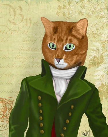 Ginger Cat in Green Coat White Modern Wood Framed Art Print with Double Matting by Fab Funky