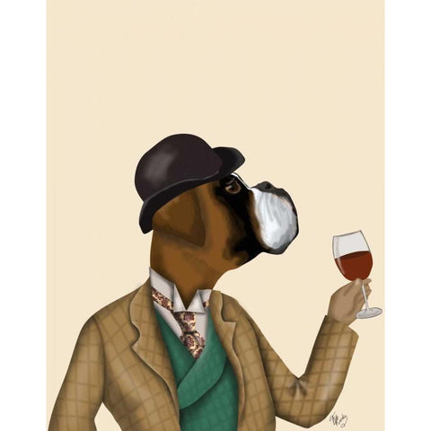 Boxer Wine Snob White Modern Wood Framed Art Print by Fab Funky