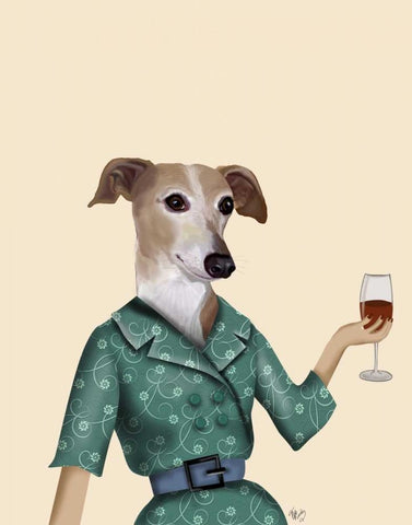 Greyhound Wine Snob White Modern Wood Framed Art Print with Double Matting by Fab Funky