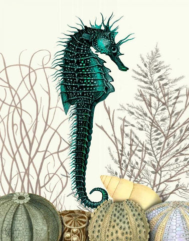 SeaHorse and Sea Urchins Black Ornate Wood Framed Art Print with Double Matting by Fab Funky