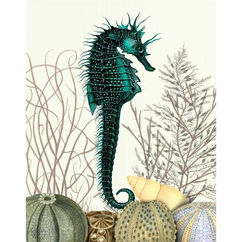 SeaHorse and Sea Urchins Black Modern Wood Framed Art Print with Double Matting by Fab Funky