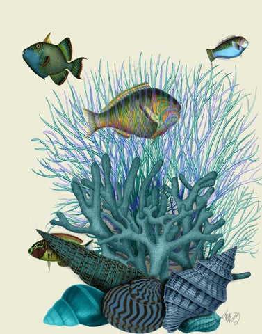 Fish Blue Shells and Corals Black Ornate Wood Framed Art Print with Double Matting by Fab Funky