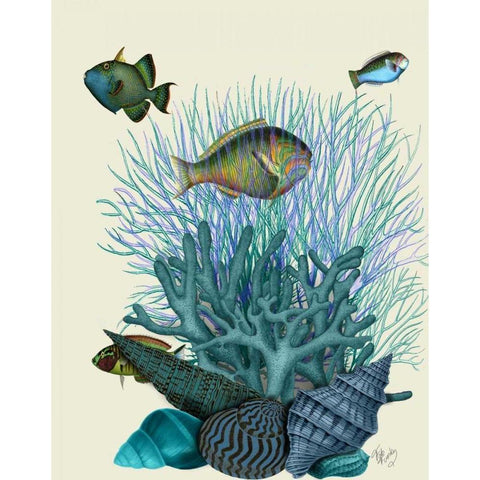 Fish Blue Shells and Corals Black Modern Wood Framed Art Print with Double Matting by Fab Funky