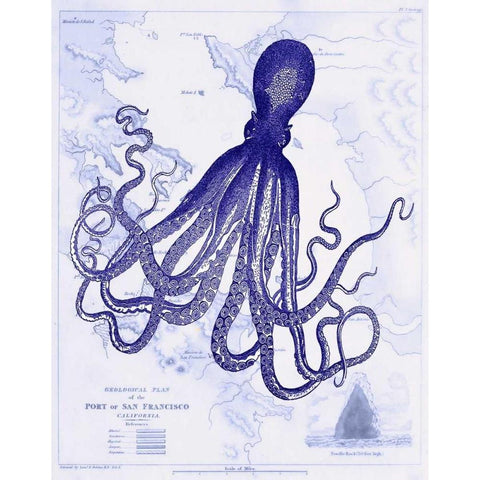 Blue Octopus 1 on Nautical Map Gold Ornate Wood Framed Art Print with Double Matting by Fab Funky