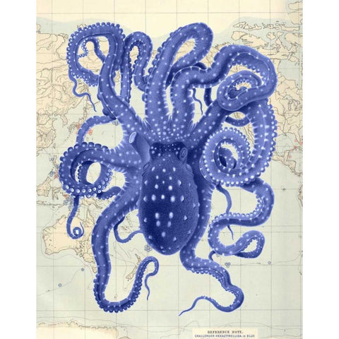 Blue Octopus 2 on Nautical Map Gold Ornate Wood Framed Art Print with Double Matting by Fab Funky