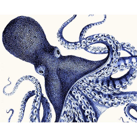 Landscape Blue Octopus White Modern Wood Framed Art Print by Fab Funky