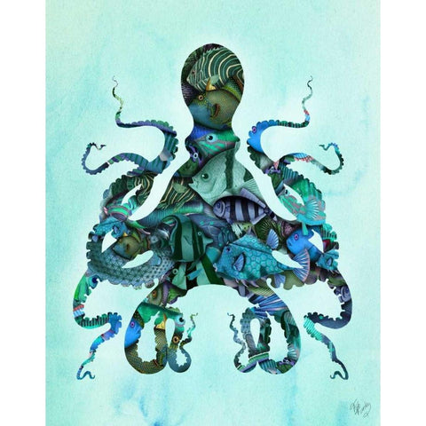 Blue Fishy Octopus Black Modern Wood Framed Art Print with Double Matting by Fab Funky