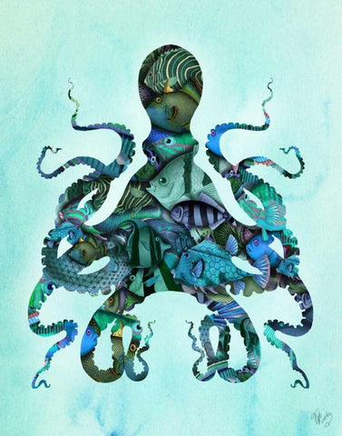 Blue Fishy Octopus Black Ornate Wood Framed Art Print with Double Matting by Fab Funky