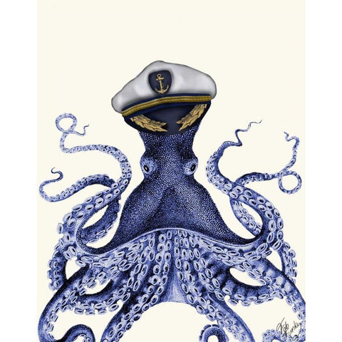 Captain Octopus Black Modern Wood Framed Art Print with Double Matting by Fab Funky