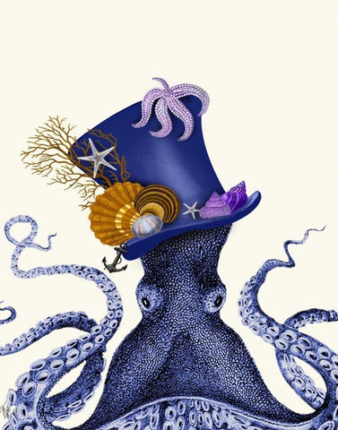 Octopus Nautical Hat White Modern Wood Framed Art Print with Double Matting by Fab Funky