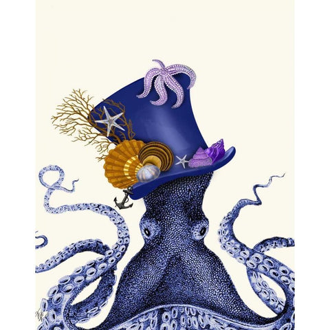 Octopus Nautical Hat Black Modern Wood Framed Art Print with Double Matting by Fab Funky