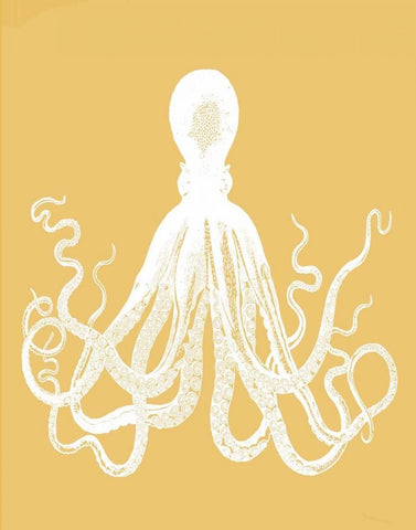 Octopus 1 White On Mustard White Modern Wood Framed Art Print with Double Matting by Fab Funky