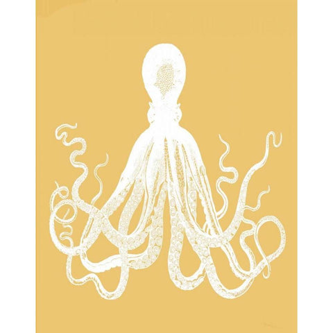 Octopus 1 White On Mustard Gold Ornate Wood Framed Art Print with Double Matting by Fab Funky