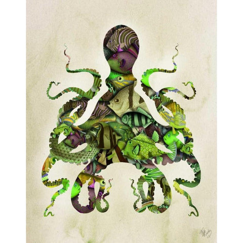 Green and Purple Fishy Octopus Black Modern Wood Framed Art Print with Double Matting by Fab Funky