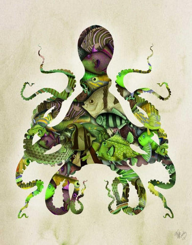 Green and Purple Fishy Octopus Black Ornate Wood Framed Art Print with Double Matting by Fab Funky