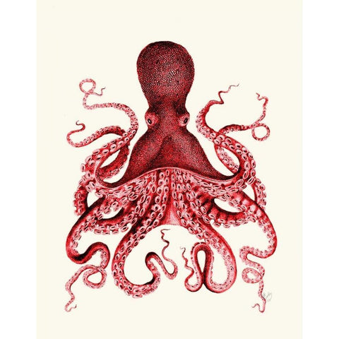 Red Octopus 3 Gold Ornate Wood Framed Art Print with Double Matting by Fab Funky