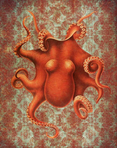 Octopus 4 Red Damask White Modern Wood Framed Art Print with Double Matting by Fab Funky