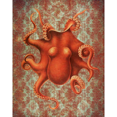 Octopus 4 Red Damask White Modern Wood Framed Art Print by Fab Funky