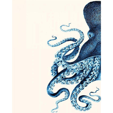 Octopus Navy Blue and Cream a White Modern Wood Framed Art Print by Fab Funky