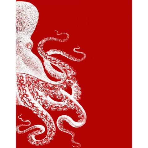 Octopus Red and White b Black Modern Wood Framed Art Print with Double Matting by Fab Funky