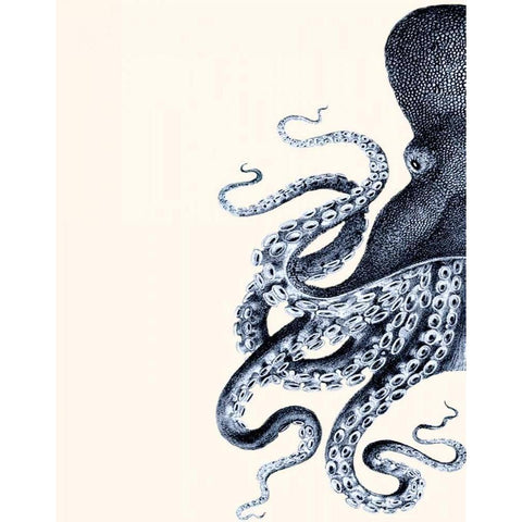 Octopus Indigo Blue and Cream A Black Modern Wood Framed Art Print with Double Matting by Fab Funky